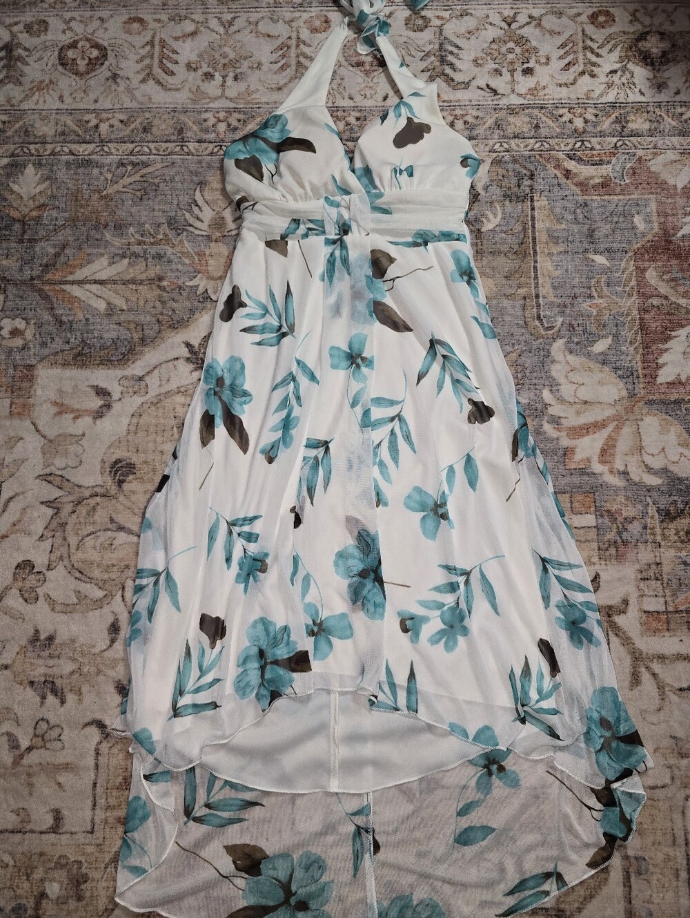 Speechless White Halter Backless Dress with Teal Floral Print